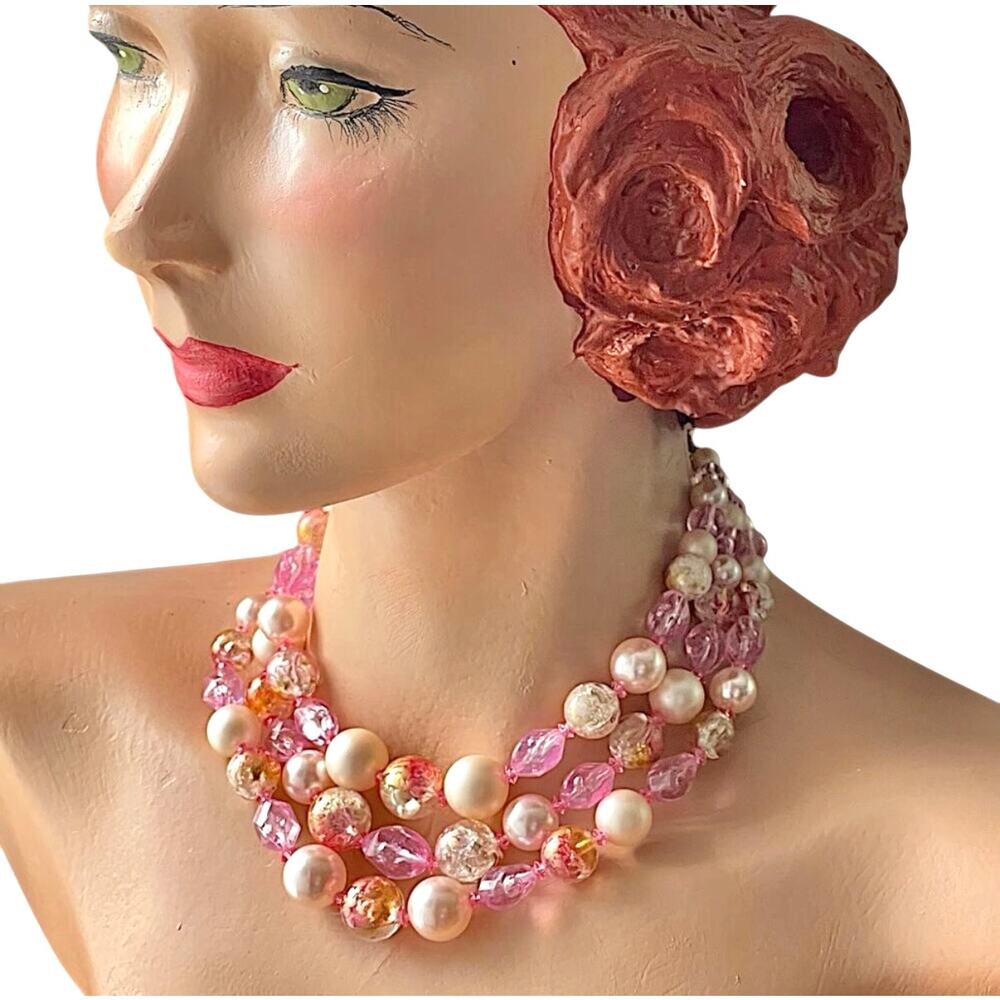 Vintage Coro Pink Faux Pearl Crackle Glass Multi Strand Collar Necklace - Picture 6 of 8